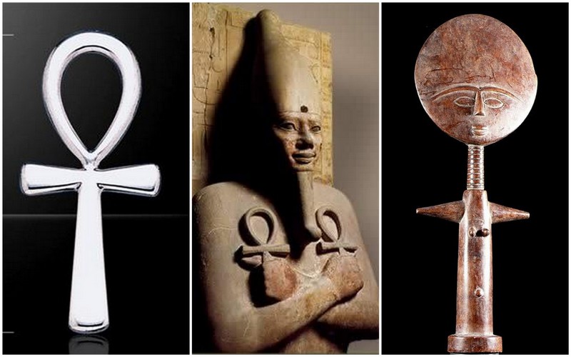 L'ankh avec sa tête (Râ), ses bras horizontaux (le mal), sa partie verticale (le bien) Au milieu : Le pharaon Kheperkaré Sen Ouseret (Sesostris I), avec des croix d'Ankh dans ses mains La poupée Ashanti gage de fertilité à droite est en réalité un Ankh un peu modifié On peut faire l'analogie avec l'humain qui comme l'Ankh est animé par les forces contraires du mal et du bien. Et il doit toujours faire triompher le bien avec son cœur. Il doit rester S.Ankh.ka.Râ, c'est à dire celui qui donne vie au ka (énergie) de Râ. S.Ankh.ka.Râ est à l'origine des noms Sankhara/Sankharé/Sangharé en Afrique de l'ouest