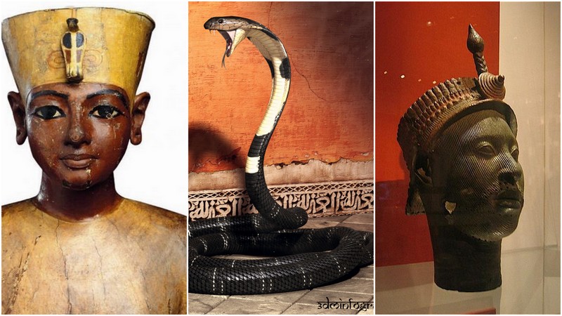 Le célèbre pharaon Toutankhamon avec le Cobra sur sa couronne. Le Cobra est un animal qui s'enroule en spirale. A droite un roi Yoruba du Nigeria avec un serpent enroulé sur sa couronne