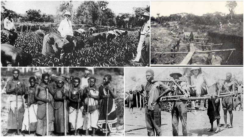 En haut à gauche : Des Noirs vêtus de haillons en train de travailler de force sous la surveillance de maîtres blancs en côte d'ivoire. En bas à gauche femmes enchaînées pour construire des routes par les Allemands en Tanzanie; En bas à droite : le travail forcé par sadisme. Quelle est la différence avec l'esclavage?