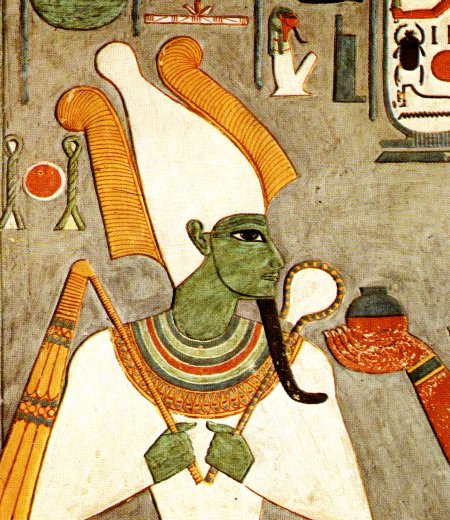Osiris, fils de Dieu, gardien de la végétation. Il est ici donc représenté en vert. 