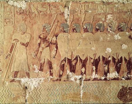 XIR68329 Relief depicting soldiers sent by Queen Hatshepsut on an expedition to the Land of Punt to bring back ingredients for use in temple ritual, from the Mortuary Temple of Hatshepsut, c.1503-1482 BC, New Kingdom (painted limestone) by Egyptian, 18th Dynasty (c.1567-1320 BC) painted limestone Deir El-Bahri, Thebes, Egypt Egyptian, out of copyright