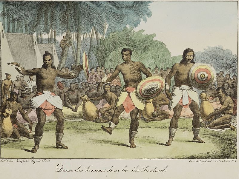 Danse des Hawaïens du temps de Kamehameha Dessin de Louis Choris conservée à la Librairie nationale de Nouvelle-Zélande On voit ici à quoi ressemblaient les Hawaïens originaux